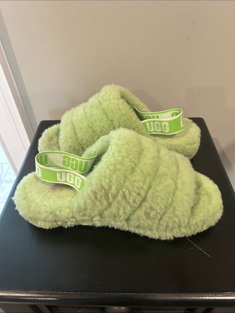 UGG Fluff Yes Slide Sandals in Neon Green. note these are pre-loved!!